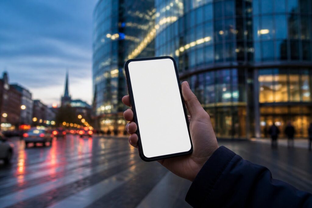 Hand som håller en mobiltelefon med en tom betalningsskärm framför en suddig stadsbild i skymning