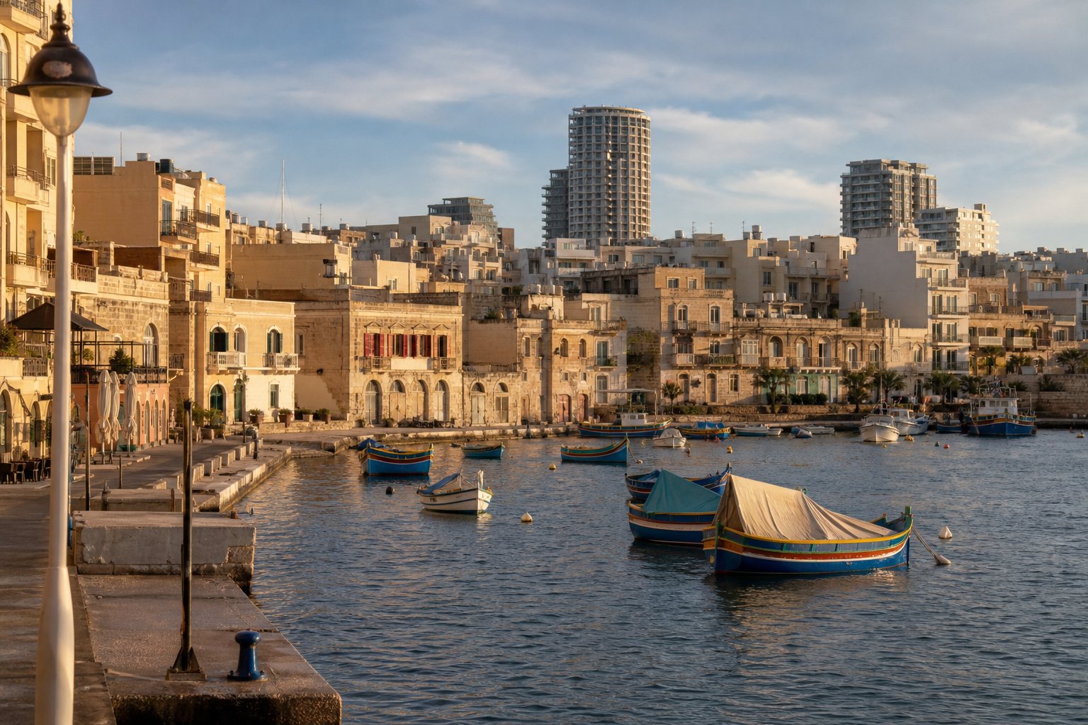Spinola Bay i St Julian's på Malta med färgglada luzzu-båtar i eftermiddagsljus